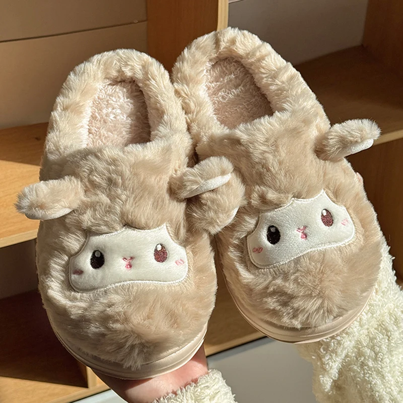 Cute Cartoon Non Slip Cotton Slippers Women Comfortable Soft Sole Warm Plush Home Slippers Woman Indoor Thick Sole Fluffy Slides