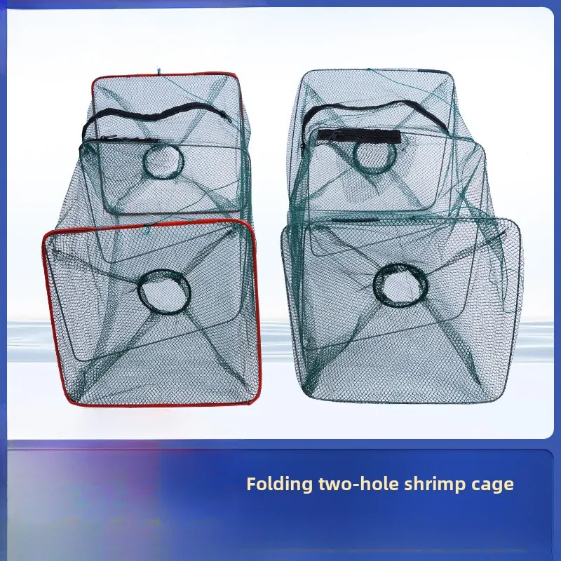 1Pc 2-Hole Foldable Lobster Basket Shrimp Fishnet 45x22x22cm Crab Cage Fishing Network Tackle Fishcage Nylon Cages Shrimps Net
