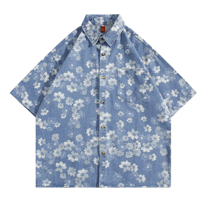 Silk Leap Summer Loose Denim Shirt Male Chic Shirt Red ropa clothing shirts for men