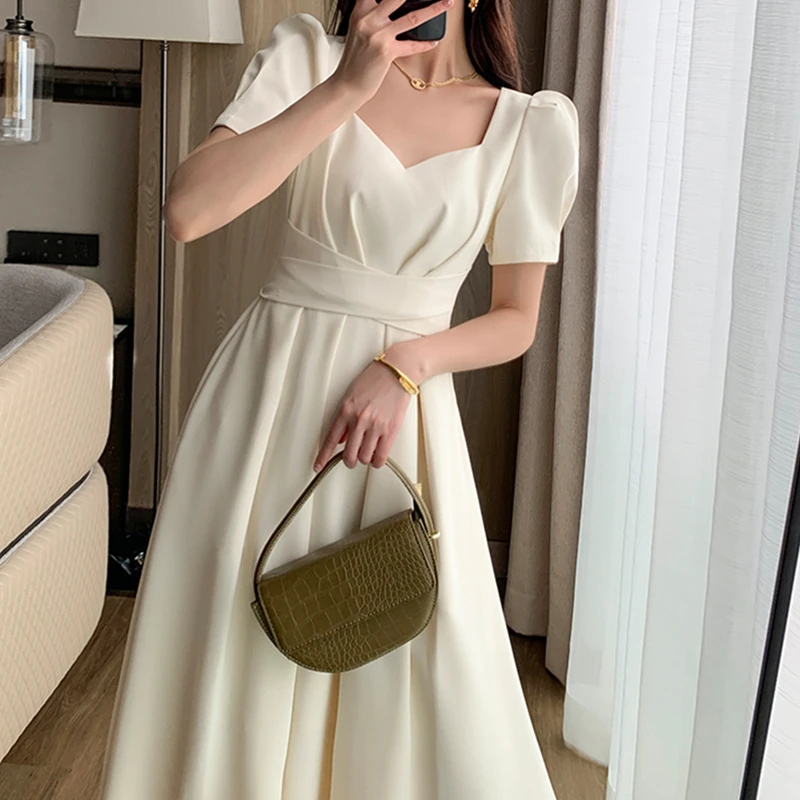 

2023 New Women's Square Neck A-Line Dresses Summer French Chiffon Dress Elegant Vestido Fiesta Women Ropa Short Sleeve M-4XL