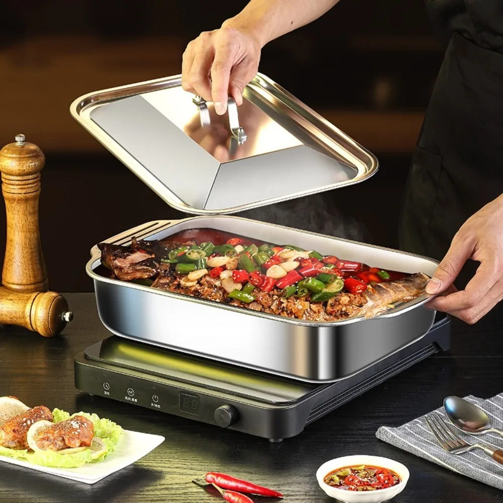 Stainless Steel Grilled Fish Pan with Lid Rectangular Roaster Pan Non-Stick Easy To Clean Oven BBQ Plate Gas Induction Cooker