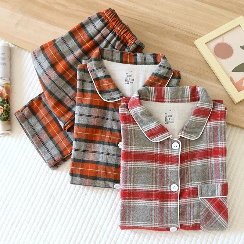 

Женские пижамы, домашняя одежда больших размеров с длинным рукавом, хлопковые фланелевые простые брюки в клетку, осенне-зимняя Пижама для женщин, 2 предмета