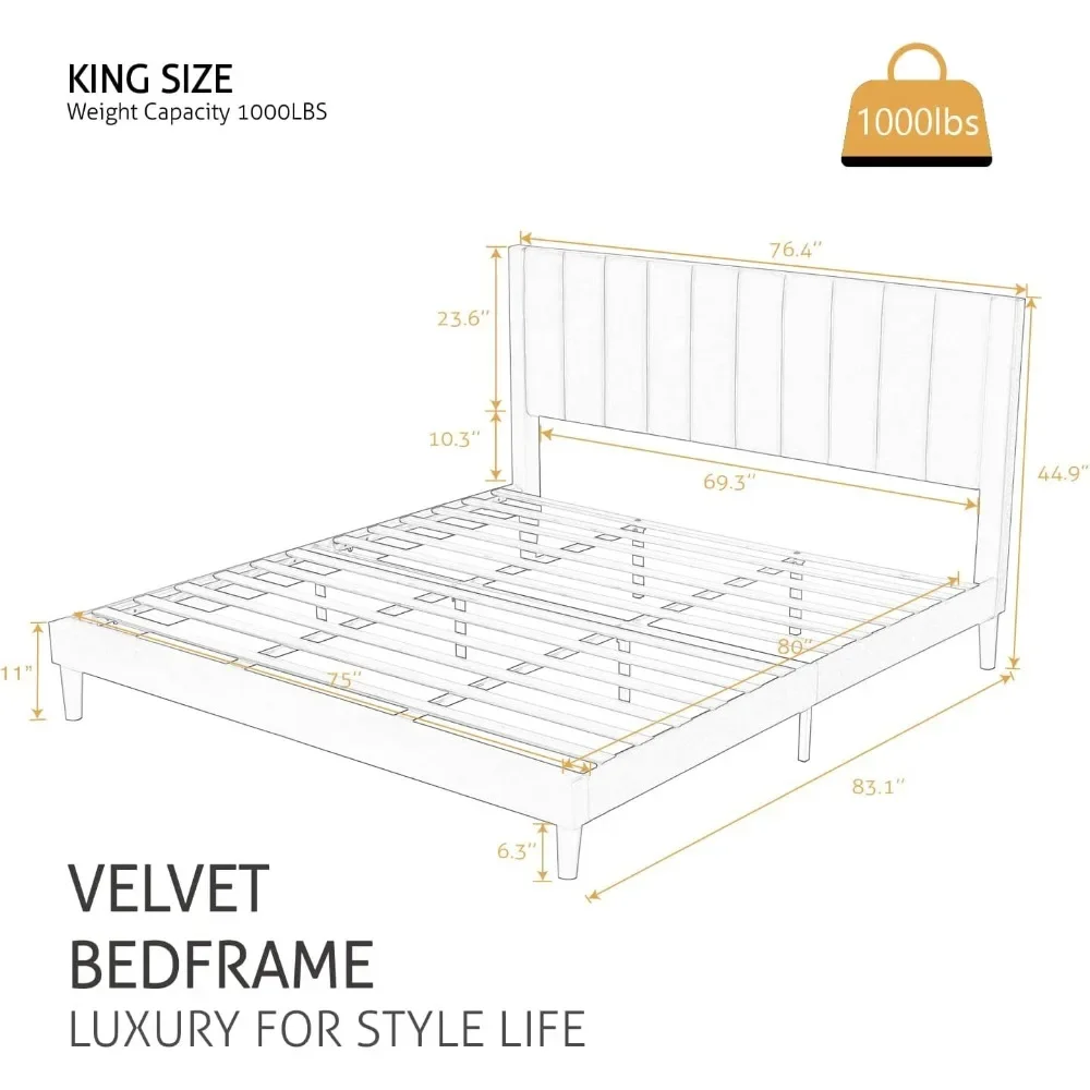 NEW-King Bed Frame/Velvet Upholstered Platform Bed Frame with Headboard/Strong Wood Slats Support/Mattress Foundation/No Box Spr