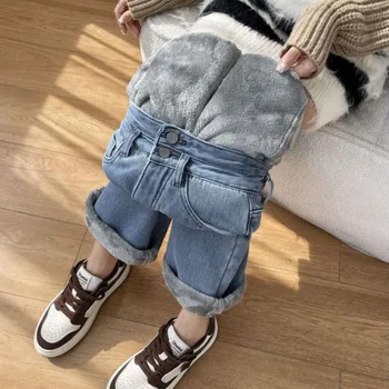 여성용 두꺼운 패딩 청바지, 따뜻한 기본 바지, 캐주얼 스트레이트 레트로 스트리트웨어, 여성 루즈 팬츠, 겨울 패션
