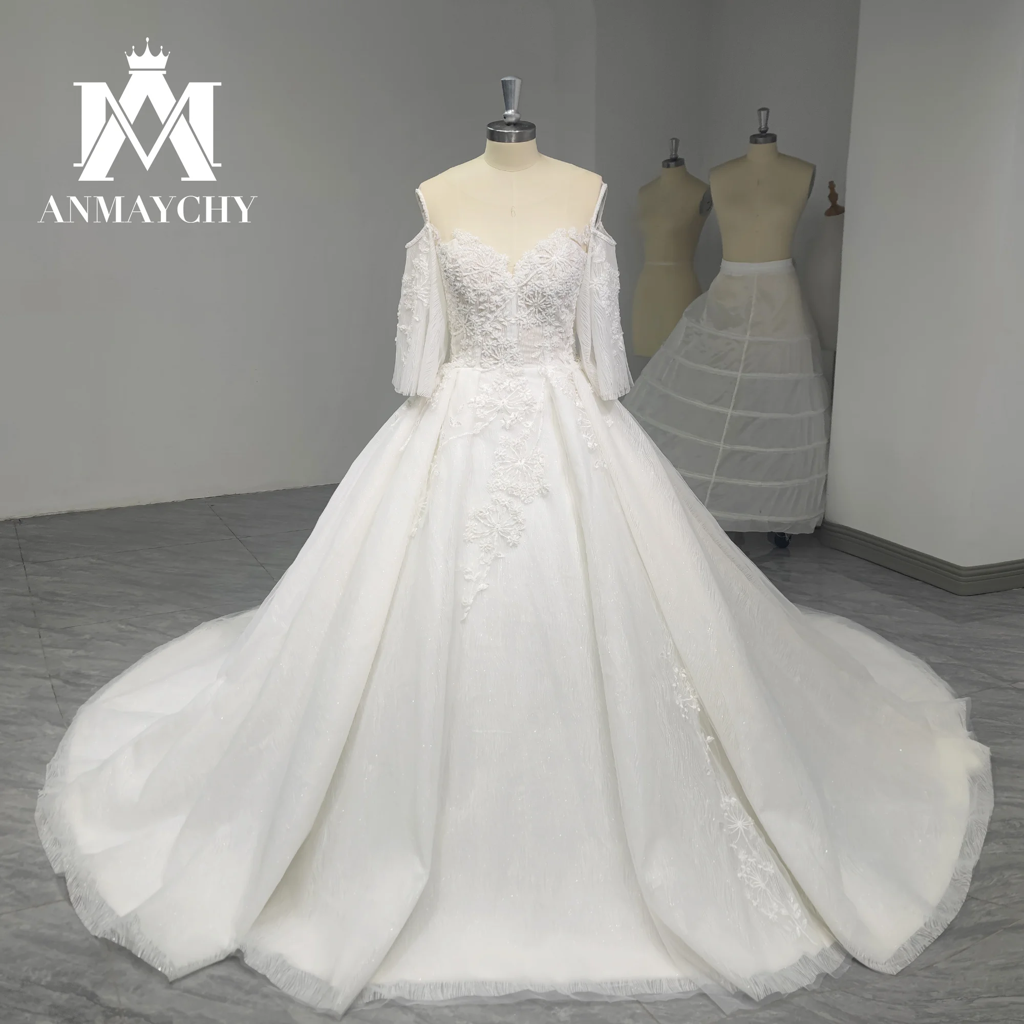 

ANMAYCHY A-Line Wedding Dresses For Women 2023 Modern Sweetheart Flare Sleeve Beading Embroidery Wedding Gown Vestidos De Novia