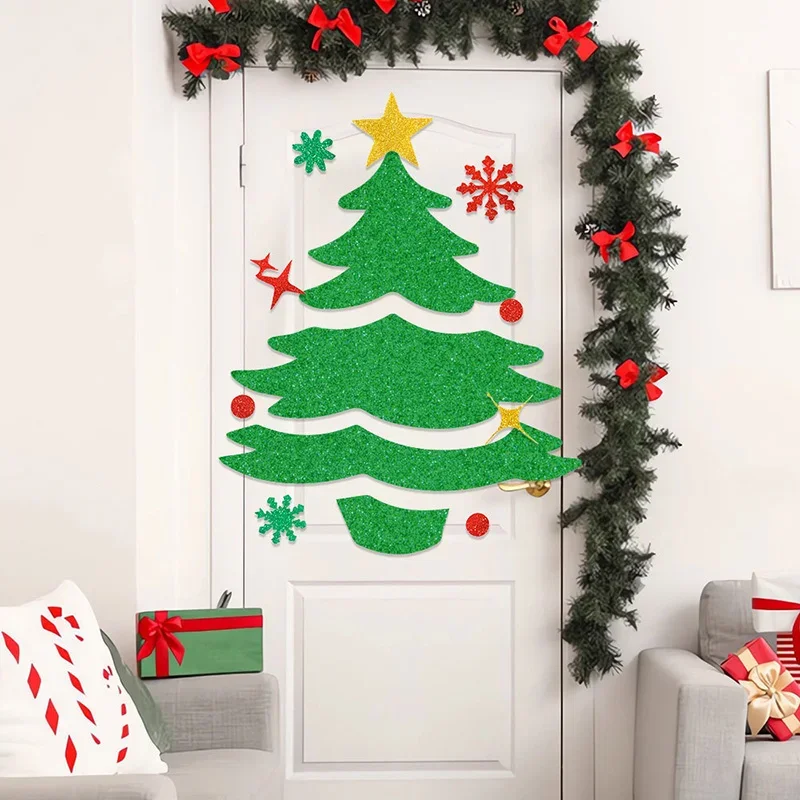 Christmas Door Stickers Christmas Tree Santa Claus Elk Decoration Scene Sticker For Window Wall Door Xmas Home Decor