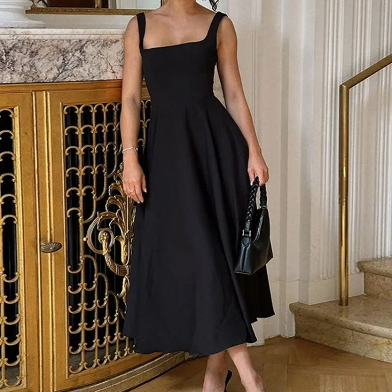 Elegant Square Neck Long Dresses for Women Simple Solid High Waist A-line  Maxi Dress Summer 2025 New Lady Vacation Party Robes - AliExpress 200000345