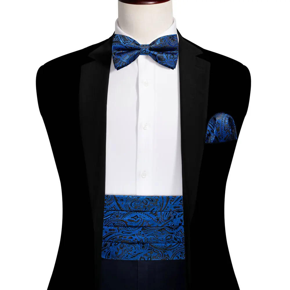 Ensemble de boutons de manchette carrés de poche Bowtie pour hommes, Cummerbund bleu marine, accessoires masculins Paisley classiques, fête de mariage, Sierra. Wang, 1031
