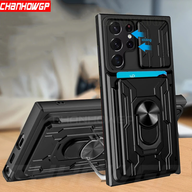 Slide Camera Card Slot Case For Samsung Galaxy S23 Ultra Plus A04s A14 A54 A23 A33 A53 A73 Shockproof Armor Magnetic Ring Cover_voghion.com