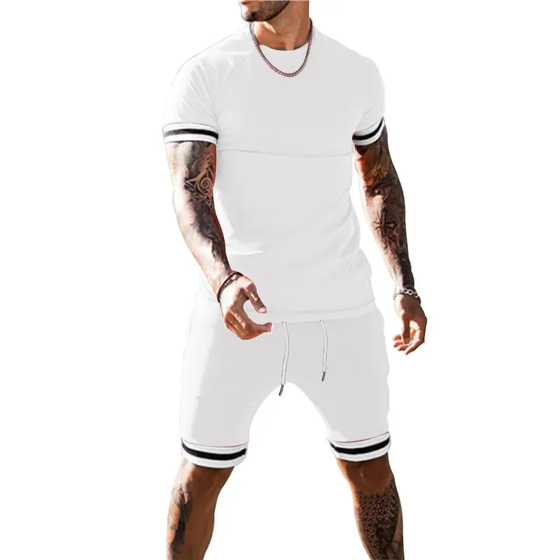 Football Sports Set Men Round Neck Short-sleeved Sports Suit Casual Outdoor Fitness Big Size Color Matching Two-piece Set