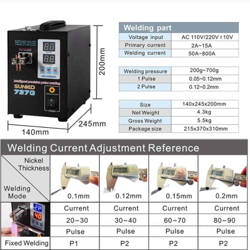 SUNKKO 2.8kw 737G Spot Welding Machine 110v/220v Pulse Lithium Battery Touch spot Welder Machine Can Welding 0.15mm Nickel Sheet 4