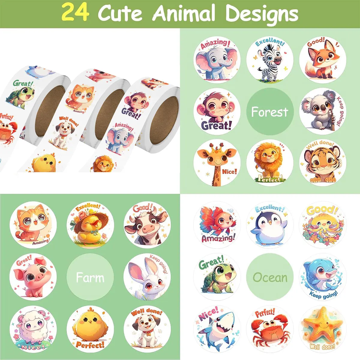 1/3 롤 어린이 스티커 500/1500pcs 대량 귀여운 농장 바다 야생 동물 스티커 동기 부여 문구 보상 스티커 학교 용품