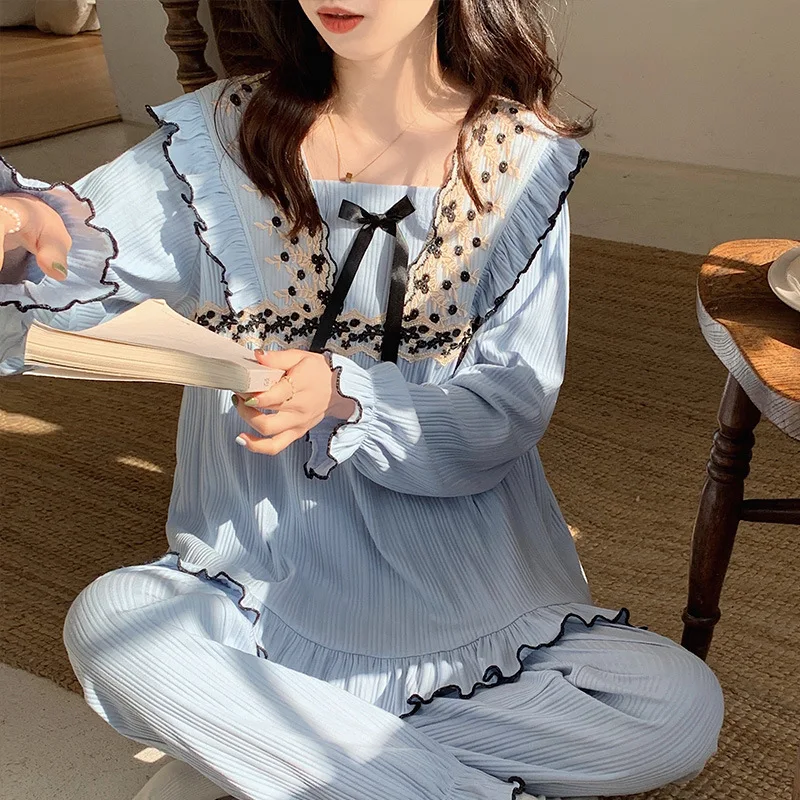 Lady's Pajama Retro Sets Sweet Striped Ruffles Long-sleeved Top With Bow Trousers Two-piece Sleepwear Suit Lace Cotton Homedress