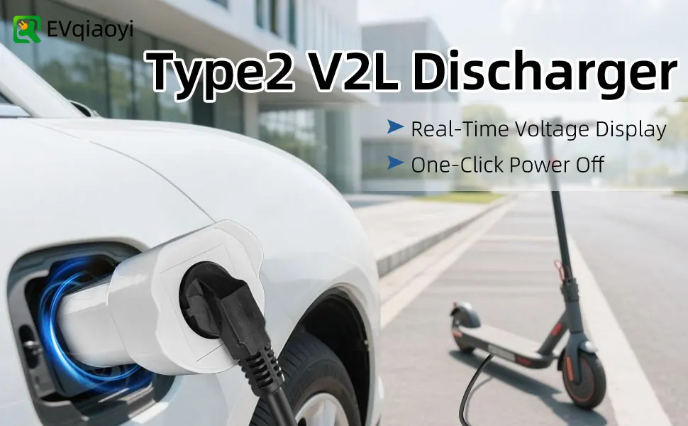 EVqiaoyi Typ2 V2L-Adapter mit Schuko-Buchse, Ein-Knopf-Aus- und Spannungsanzeige, Entladestecker für Elektroautos Typ2 – Detail 1