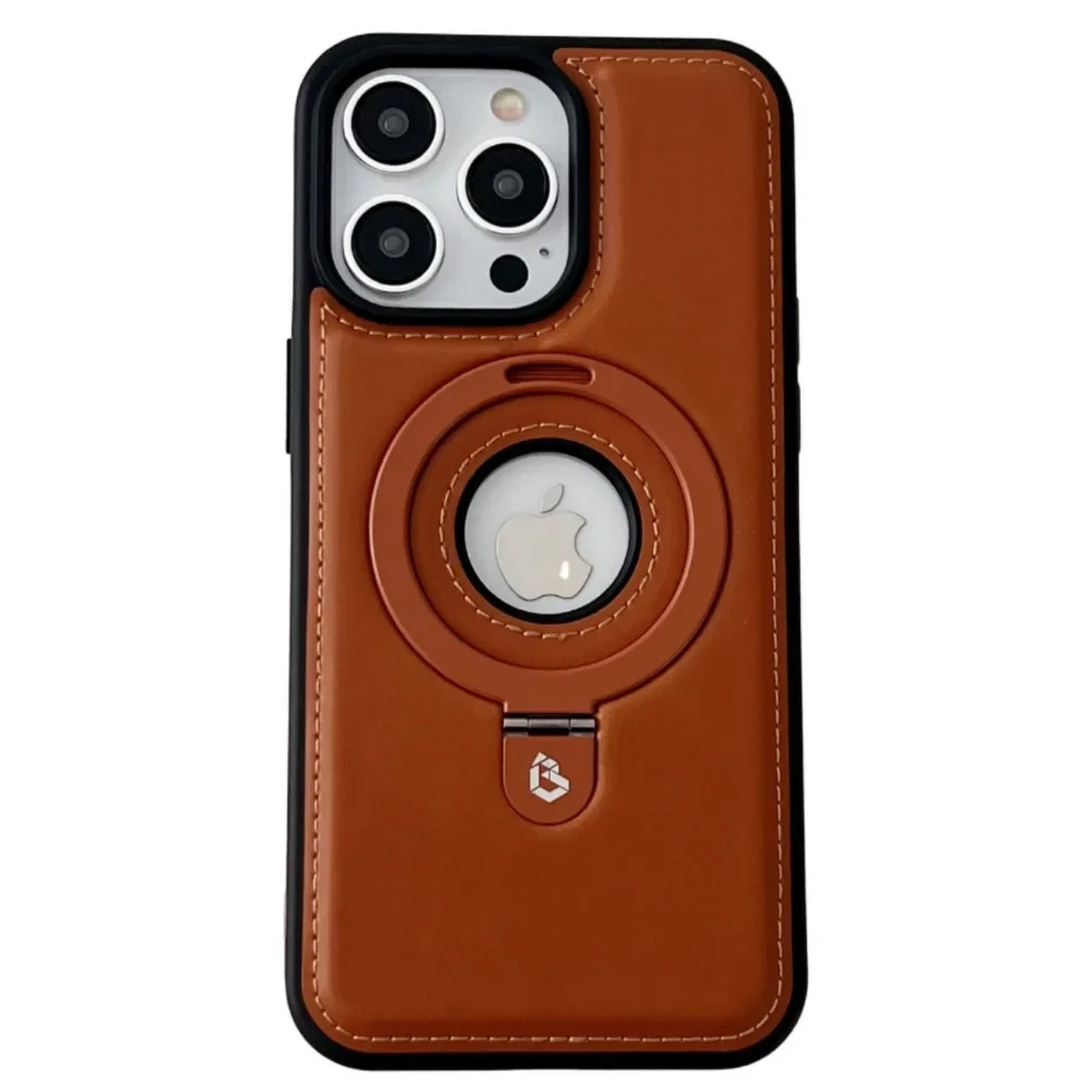 Magnetic Ring Holder Kickstand with Shockproof Leather Cover and Logo Hollow Design