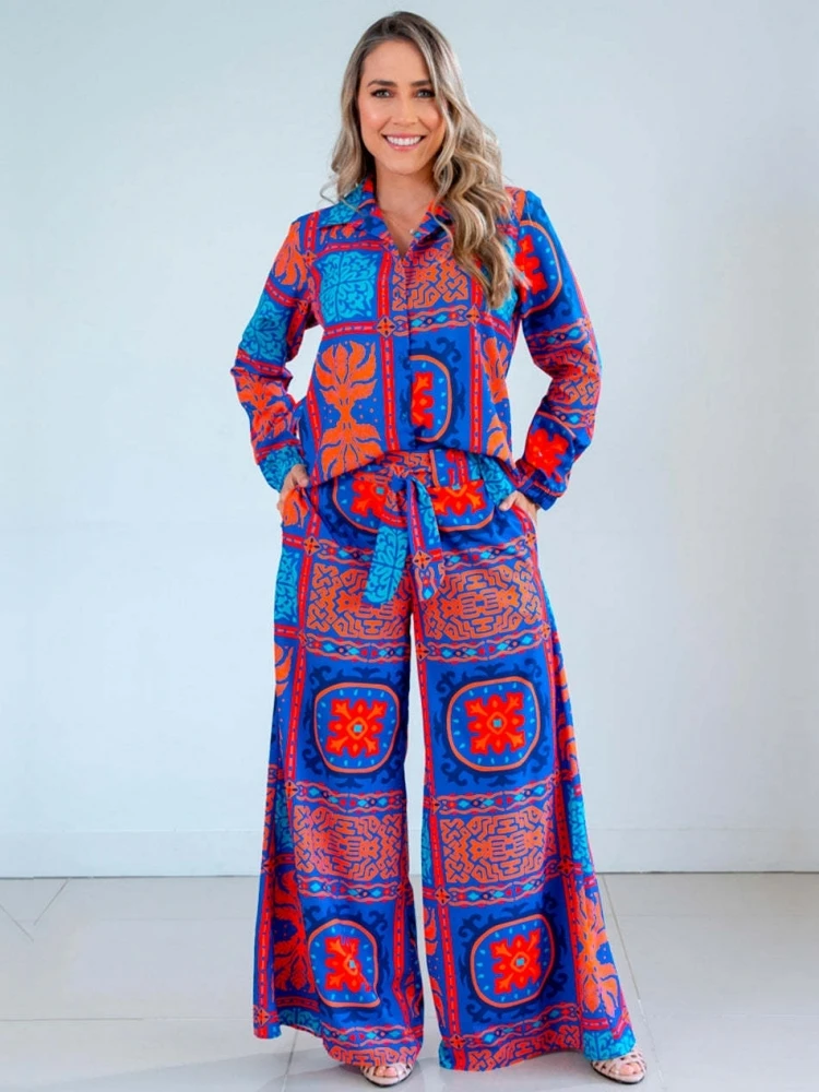 2 Piece Women Set Dashiki African Long Sleeve Shirt Blouse Top And Pants Suits Outfits Fashion Office Lady Matching Sets Outfit