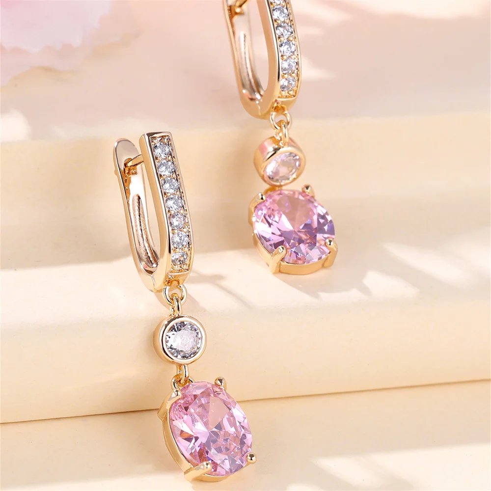 Pink Crystal Oval Stone Pendant White Zircon Hoop Earrings For Women Gold Color Ear Buckle Wedding Jewelry Engagement Party Gift