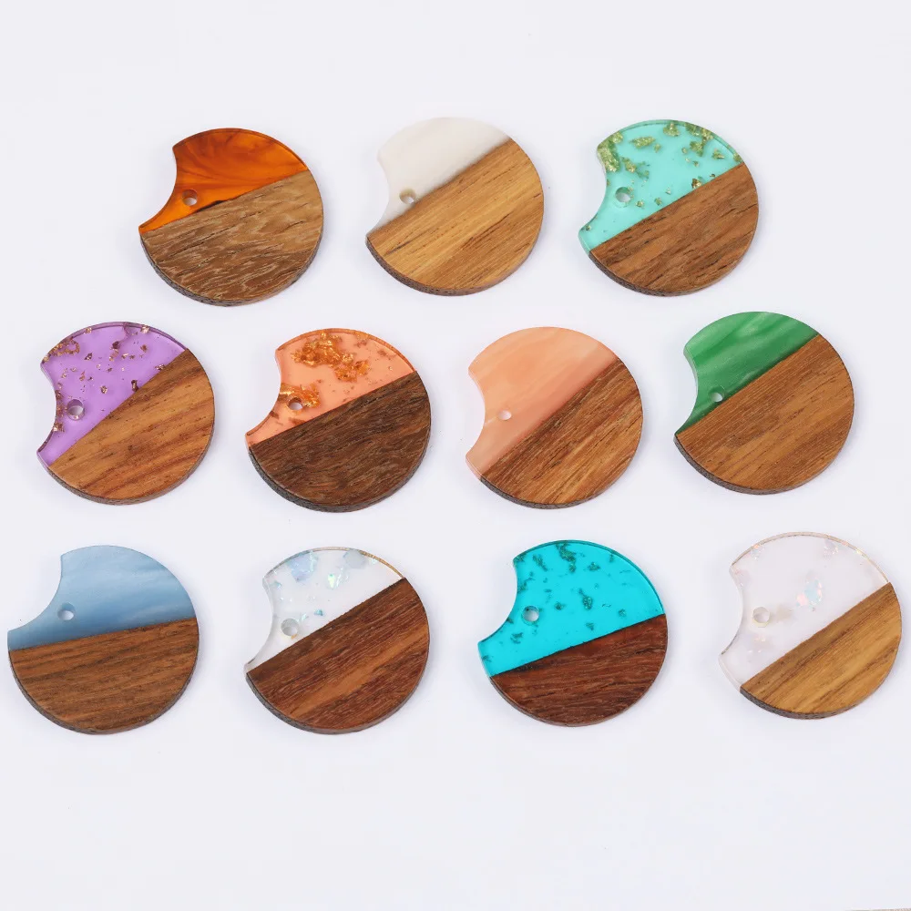 10Pcs Flat Round Resin Wood Pendant Charms with Paillette for DIY Earrings Necklaces Making Jewelry Crafting Accessories 25x25mm
