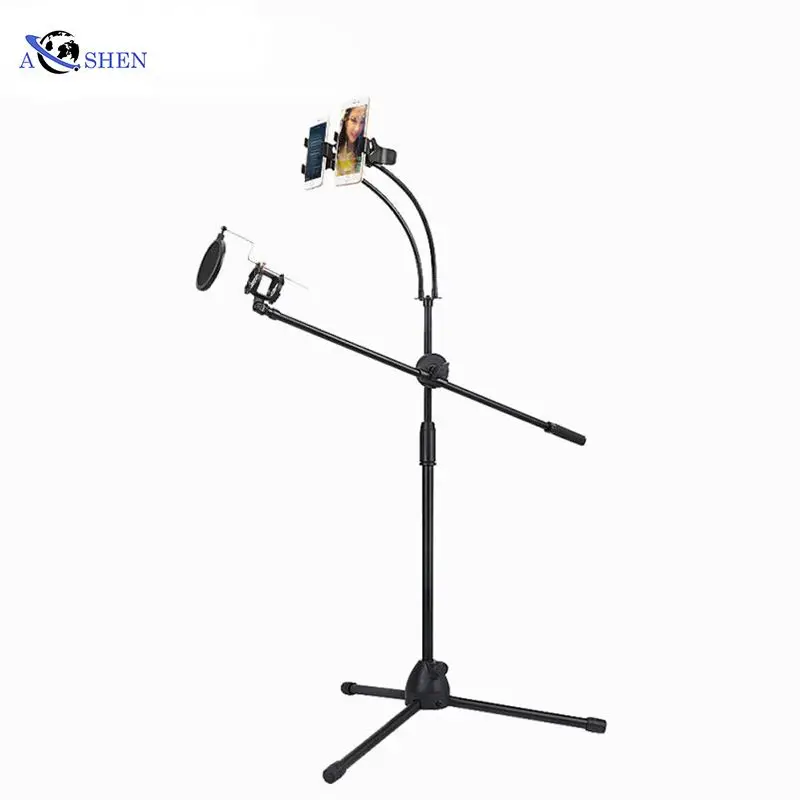 

Microphone Floor Stand With Dual Cell Phone Holder For Live Broadcast Recording
