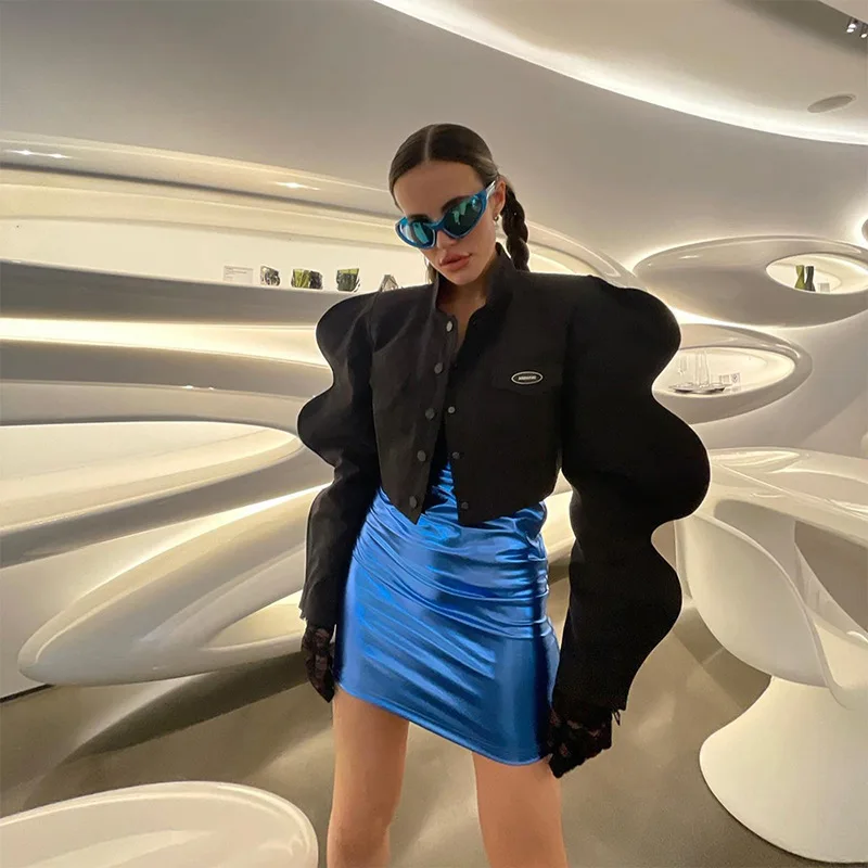 

USA 2022 Autumn and Winter New Women's Fashion Standing Collar Single breasted Creative Lantern Sleeve Coat Jacket Women