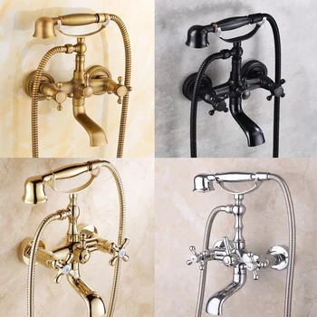 โบราณห้องน้ำอ่างอาบน้ำ Showet ก๊อกน้ำทองแดงสีดำก๊อกน้ำชุดฝักบัวทองติดผนัง2ก๊อกน้ำฝักบัวก๊อกน้ำ 1