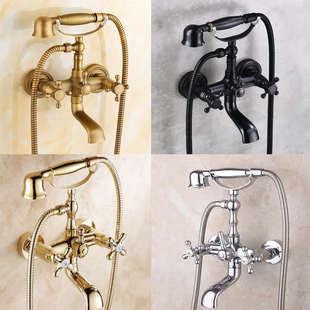 โบราณห้องน้ำอ่างอาบน้ำ Showet ก๊อกน้ำทองแดงสีดำก๊อกน้ำชุดฝักบัวทองติดผนัง2ก๊อกน้ำฝักบัวก๊อกน้ำ 1
