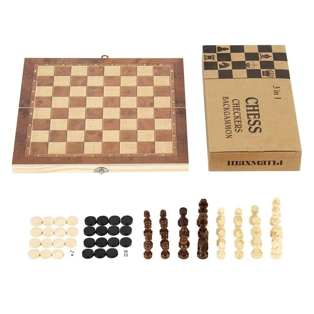 3-in-1 Chess&Backgammon&Checkers Set Chessboard Wooden Board Games Set Educational Improve Intelligence International Chess Game