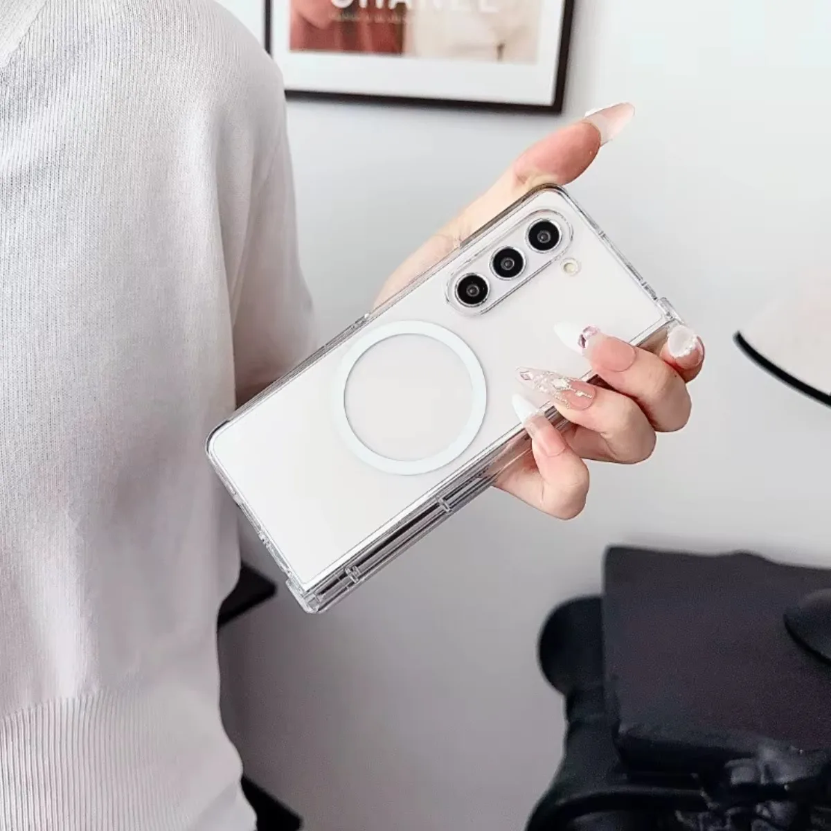 Sleek Transparent Magnetic Wireless Charging Phone Case with Hinge Protection