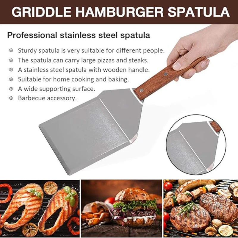 Large Metal Spatula with Sturdy Wooden Handle, Griddles & Grills, Pancake Flipper Spatula, Smash Burgers Spatula, 6 x 5 Inches