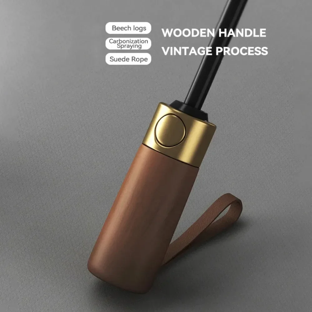Fully Automatic Wooden Handle Umbrellas Men Foldable For Both Sunny And Rainy Use Folding Umbrella Automatic Umbrella
