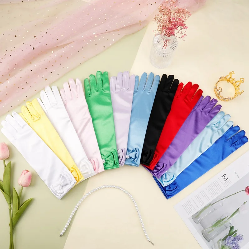 

New Satin Bow Pearl Kids Girls Wedding Dress Costume Accessories Children Full Finger Mittens Princess Dance Stage Long Gloves