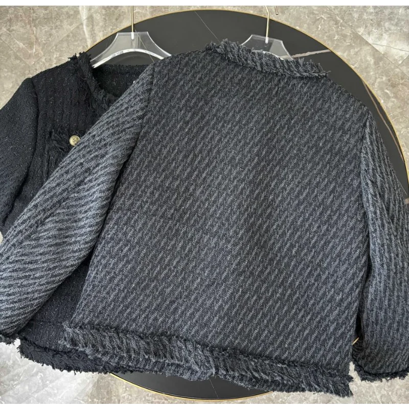 White Small Fragrant Quilted Coat Autumn Winter O Neck Tassel Casual Gray Black Long-sleeved Simple Basic French Women Jacket