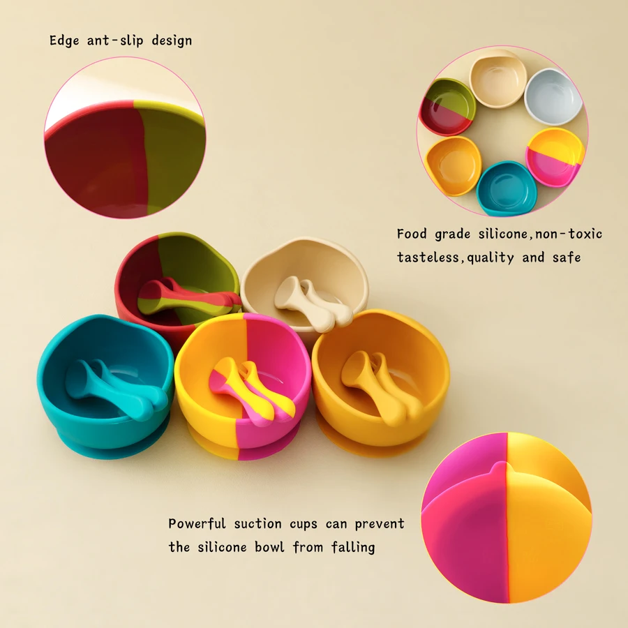 3PCS Baby Silicone Tableware Sets Color Contrast Suction Bowl Soft Spoon Fork Feeding Training Baby Dinner Set Baby Utensils 3