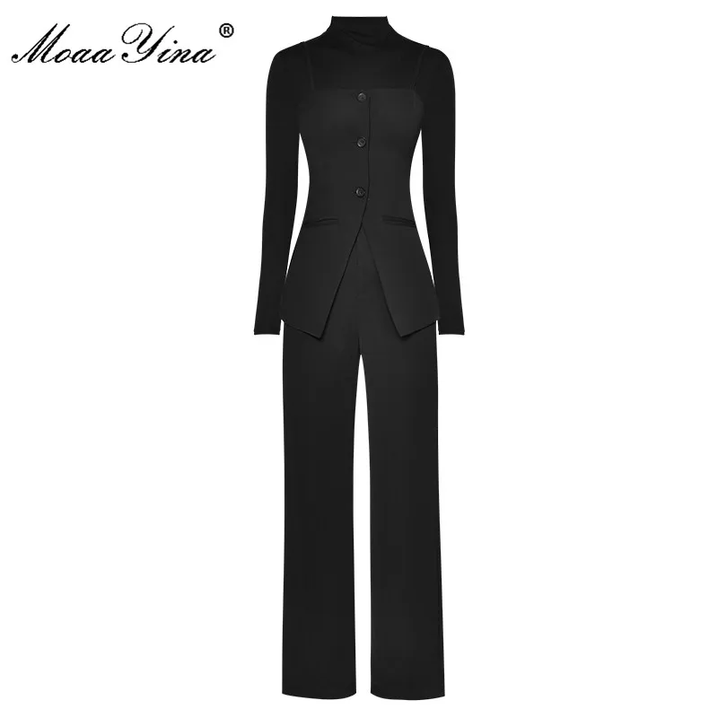 

MoaaYina Fashion Spring Summer Suits Women's Long Sleeve Stretch Base Coat Small Waistcoat+Bell Bottoms Black Three-piece Set