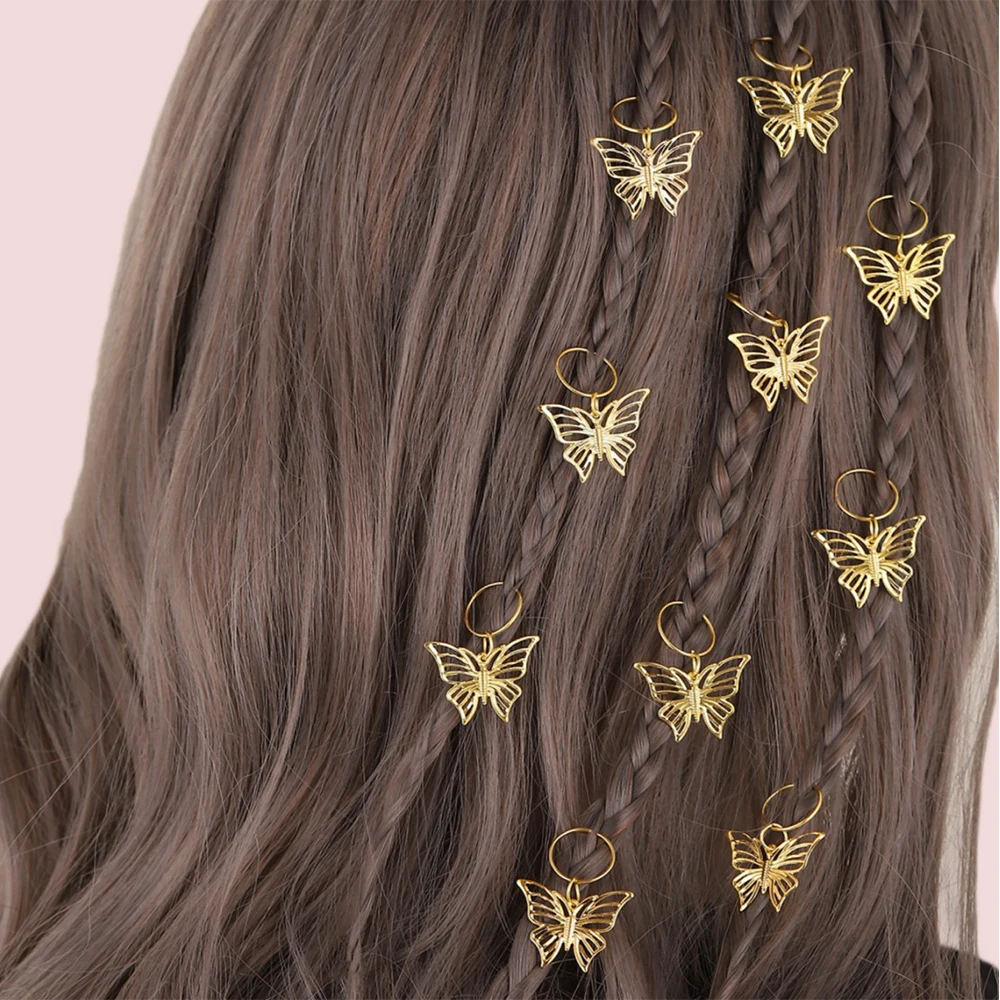 10PCS Butterfly Pendant Hair Clip For Women Braid Trendy Metal Hair Rings Western Style Hair Accessories Girls DIY Headdress