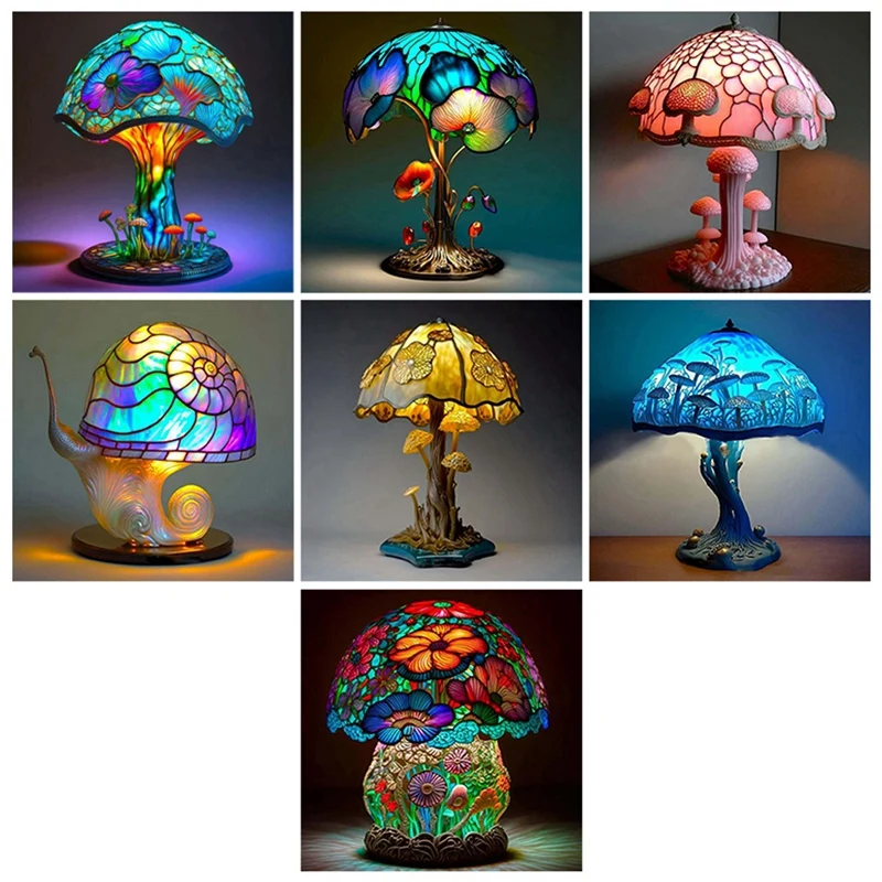 

Creative Stained Plant Series Table Lamp Colorful Bedroom Bedside Mushroom Retro Table Night Lamp Atmosphere Light