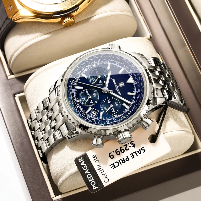 POEDAGAR homme d'affaires montre chronographe Date étanche lumineux montres pour hommes en acier inoxydable à la mode Quartz homme montre-bracelet + boîte 1