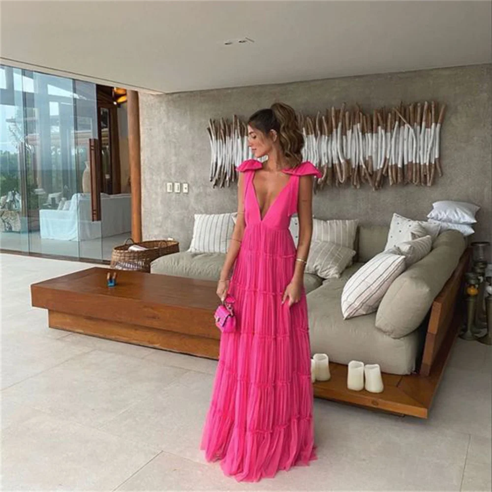 Lily Spaghetti Strap Chic Woman Evening Dress Gown Deep V Neck Ball Gown Pink Beach Backless Night Dress 프롬 드레스 Customized women prom dresses