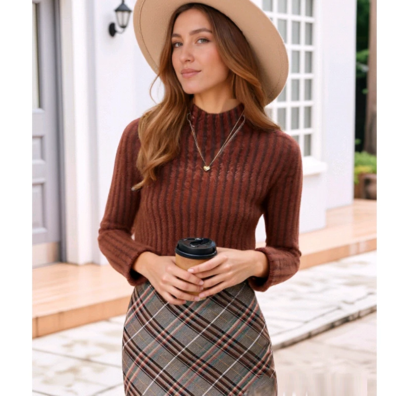 Autumn and Winter New Solid Color Women's Semi-turtleneck Long-sleeved Slim-fit Sweater Fashion Striped Knitwear Bottoming Shirt