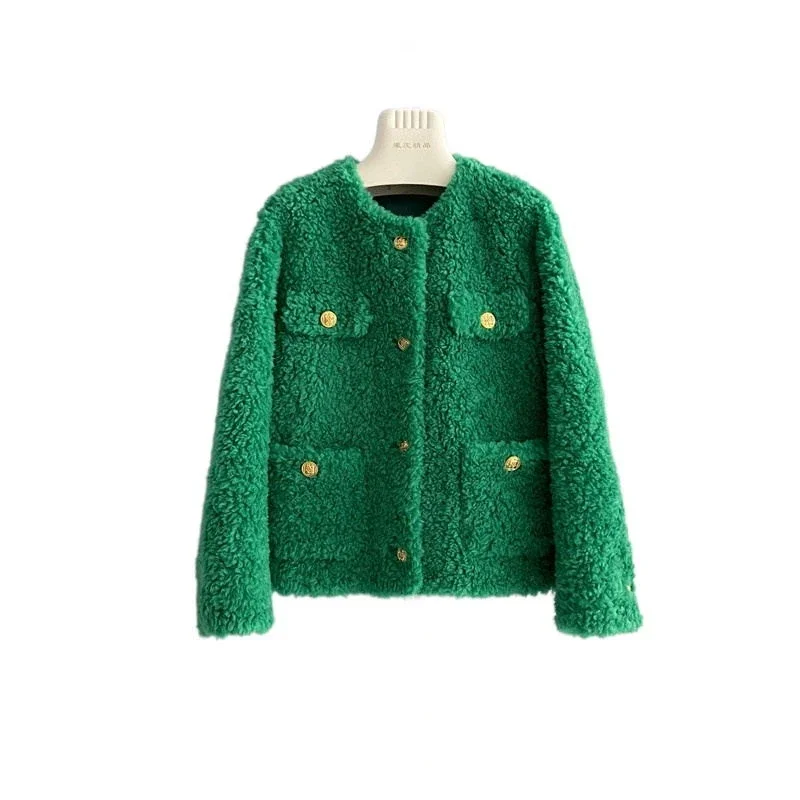 Casaco Preto Feminino 100 Australian Wool Green Pure Cashmere Coat 2023 New Young Ladies Gold Buckle Lamb Fur Jacket for Women