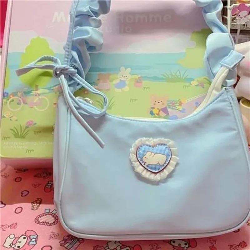Women Shoulder Bags Nylon Cartoon Rabbit Sweet Lovely Girls All-match Pleated Strap Lace Underarm Zipper