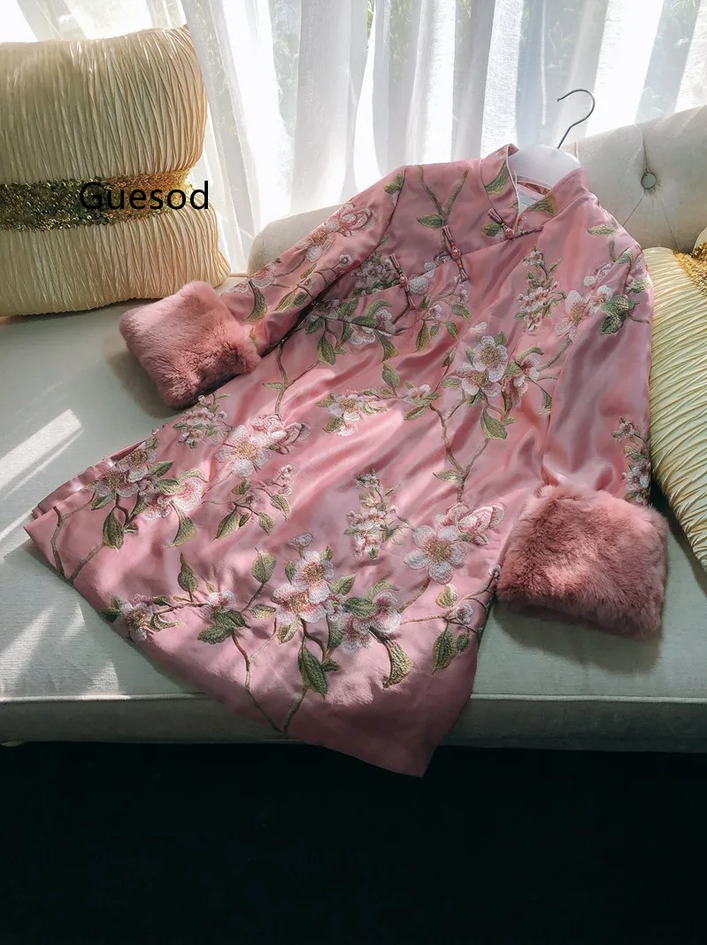 

Fashion Women Chinese Style Winter Pink Cotton-Padded Dress Rabbit Hair Top Quality Tang Clothing Vintage Chinese Thick Dress