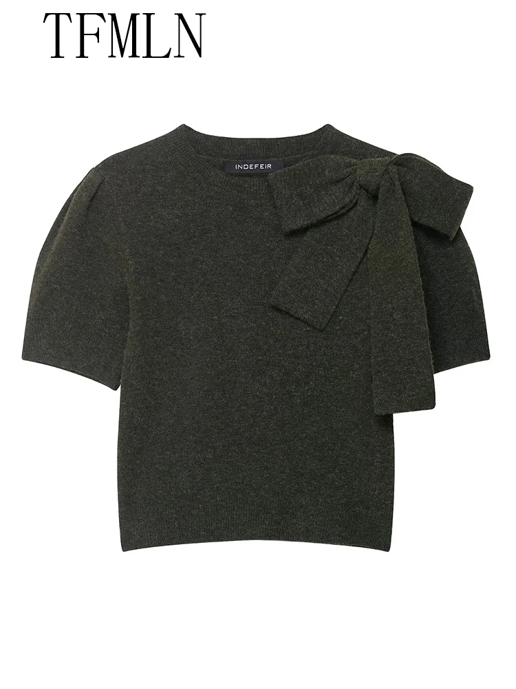 TFMLN 2025 Autumn Women Solid Bow Knitted Sweaters Fashion O-neck Short Sleeve Pullover Tops Sweet Girls Chic Causal Knitwear