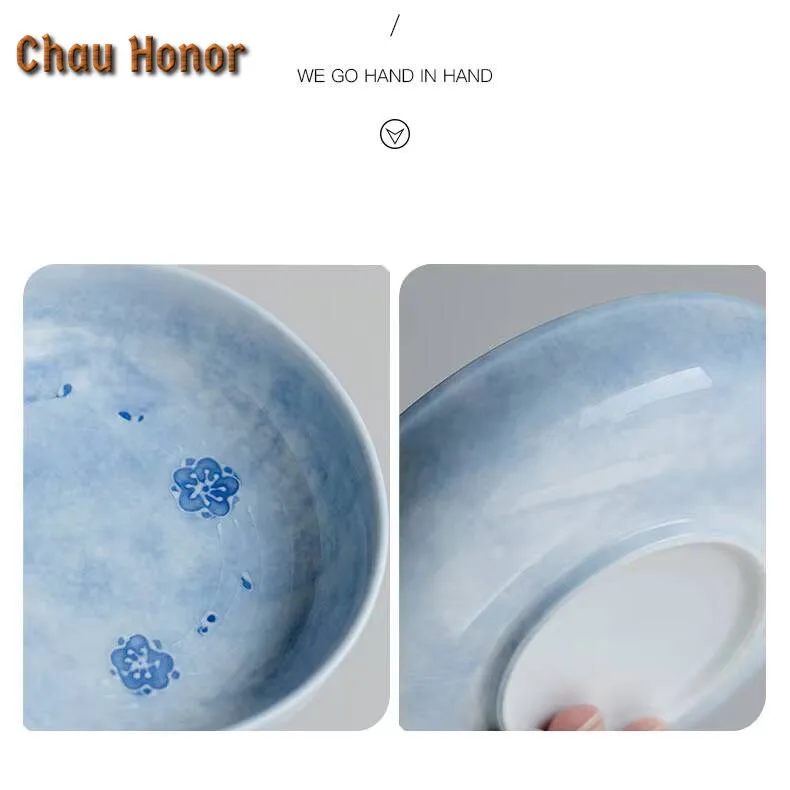 Pure Hand-painted Fog Blue Cherry Blossom Pot Bearing Ceramic Household Dry Brewing Small Tea Tray Cover Bowl Tray Fruit Plates