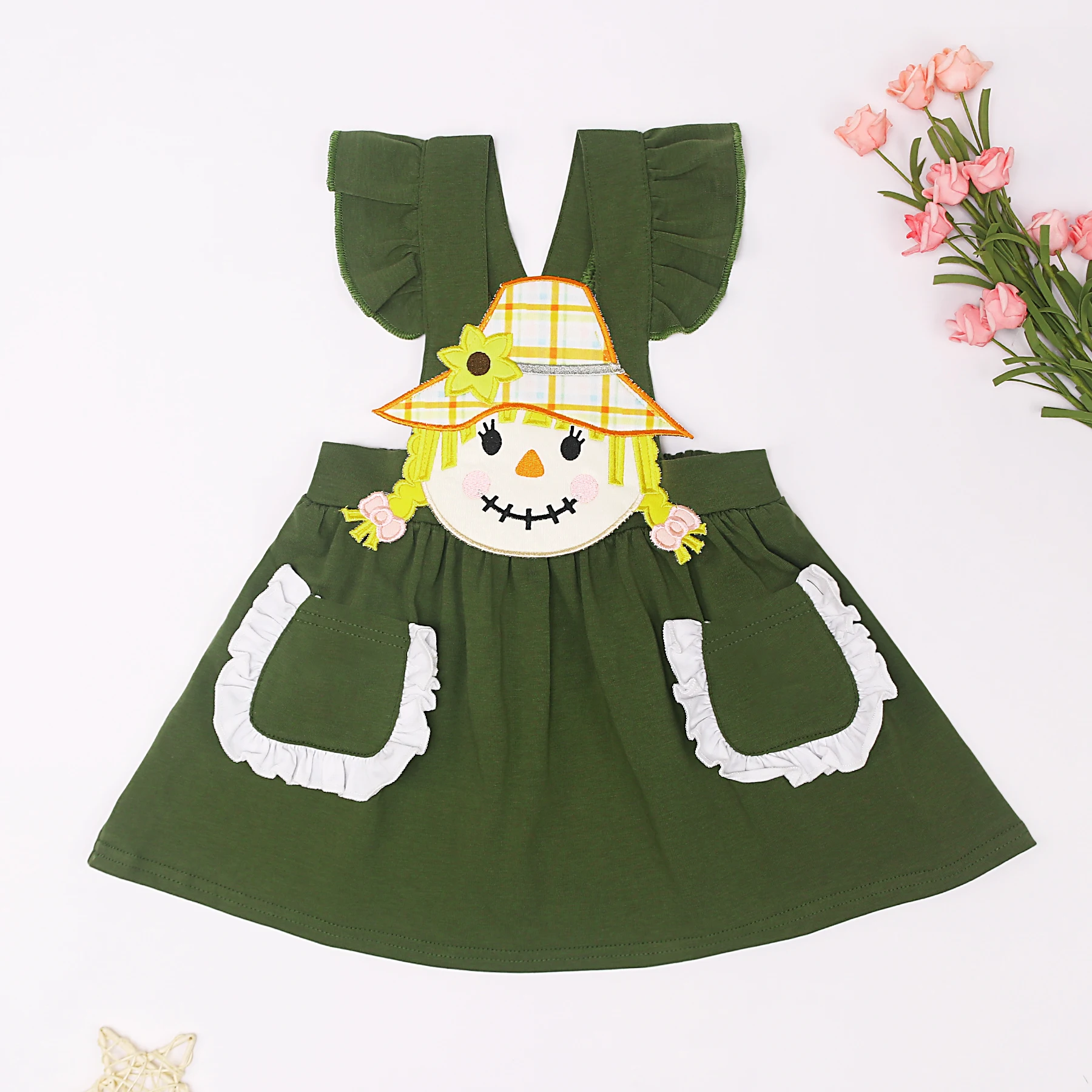 

2023 Baby Girl Clothes Scarecrow Design With Yellow Applique Children Set Kids Suspenders Dress Suit Cute Outfits Overall Skirt