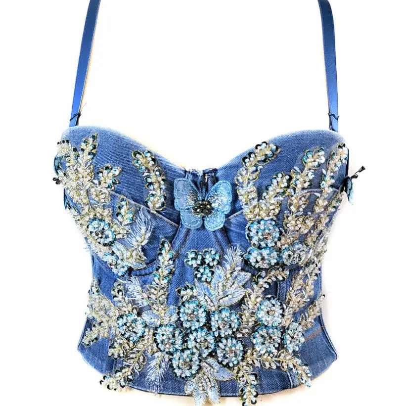 

Роскошная джинсовая майка с бусинами для женщин, модные майки на выход, Бюстье на косточках, Бюстье для ночного клуба, вечеринки