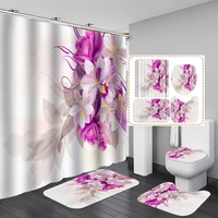 4 Pcs Shower Curtain Sets with 12 Hooks Flowers Floral with Non-Slip Rugs Toilet Lid Cover And Bath Mat Bathroom Decor Set 1