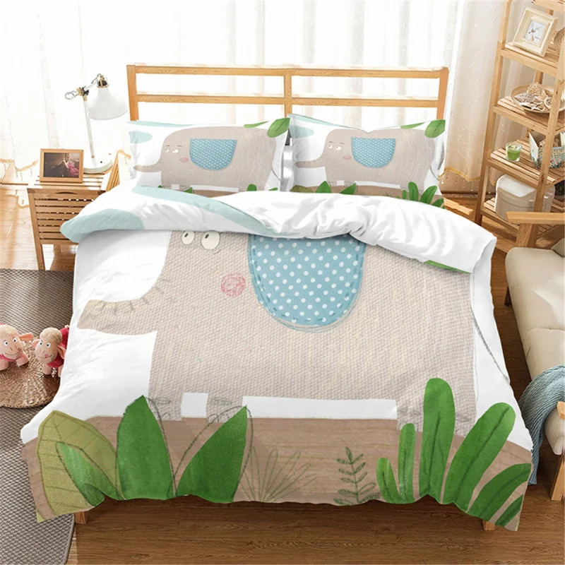 

Cartoon Elephant King Queen Duvet Cover Kawaii Grey Animal Bedding Set for Teens Adults Green Plant 2/3pcs Polyester Quilt Cover