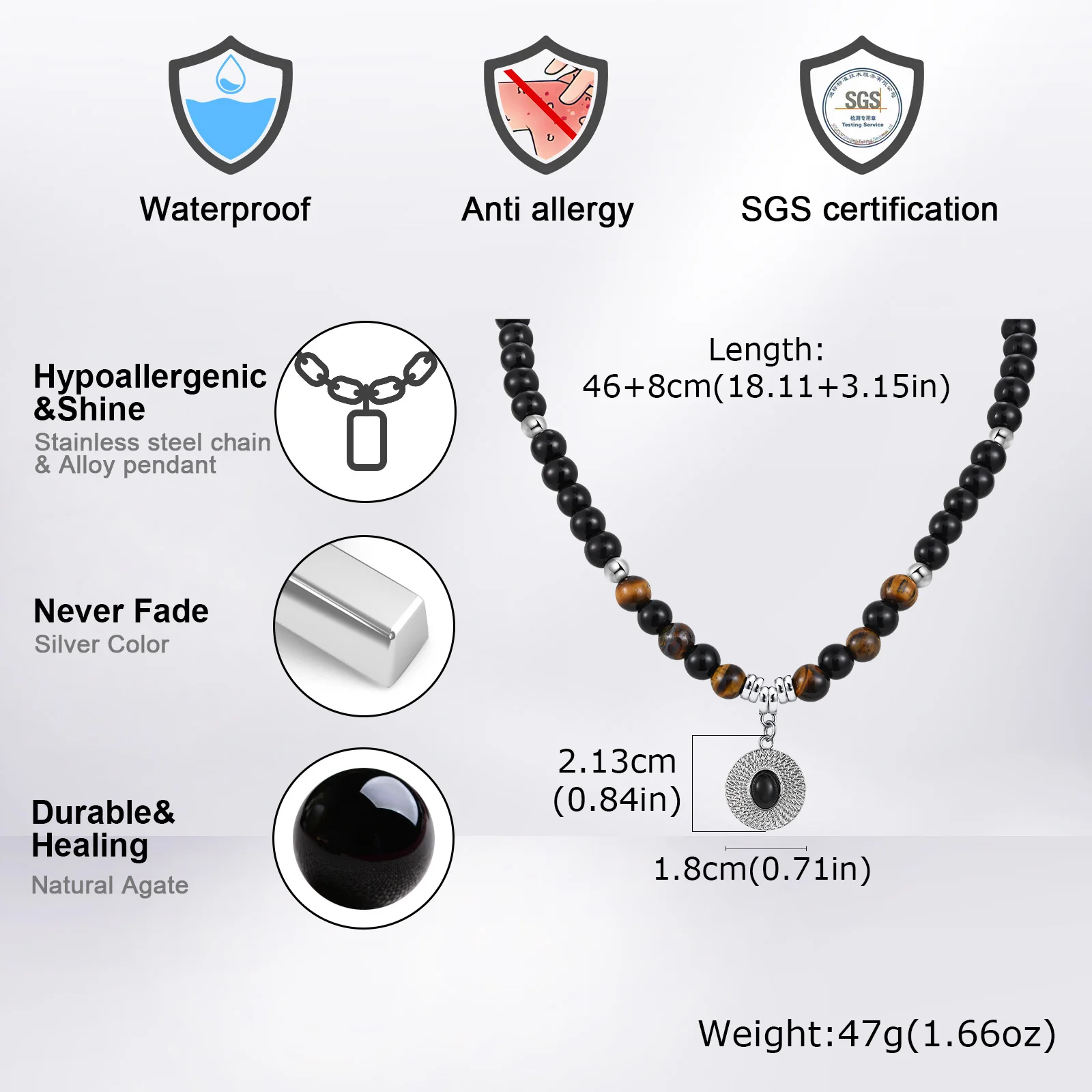 Vnox Halskette mit Tigerauge-Steinperlen aus schwarzem Achat für Herren, Edelstahlkette, Anhänger aus Legierung, verstellbarer Perlenkragen, Halsreifen, Neu – Detail 4