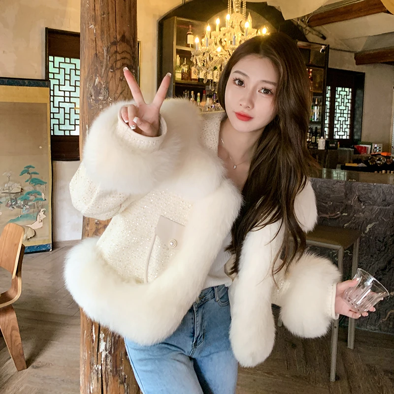 

2024 New Real fur,Fall and Winter Korean design famous Luxury natural fox fur collar tweed real fur woolen coats